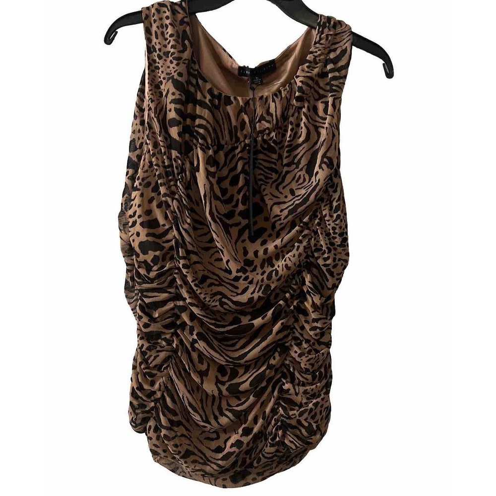 Jane Delancey Sleeveless Ruched Tank Top Tunic Brown Animal Print Size XL NWT